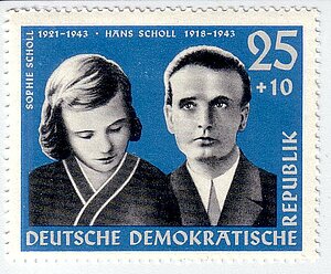 Briefmarke der DDR zu Ehren der Geschwister Scholl