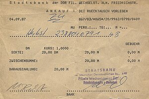 Umtauschbescheinigung der Staatsbank der DDR Berlin